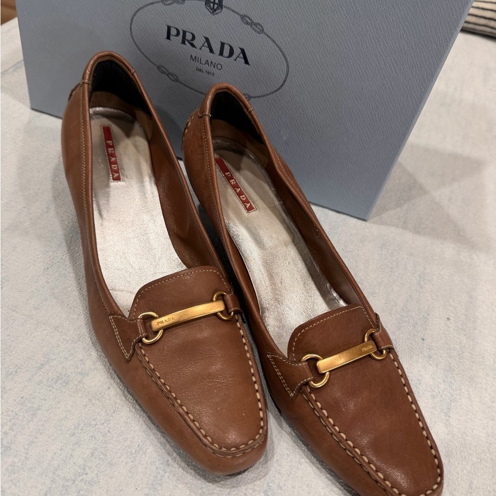 Prada Brown Leather Loafers with Gold Horsebit